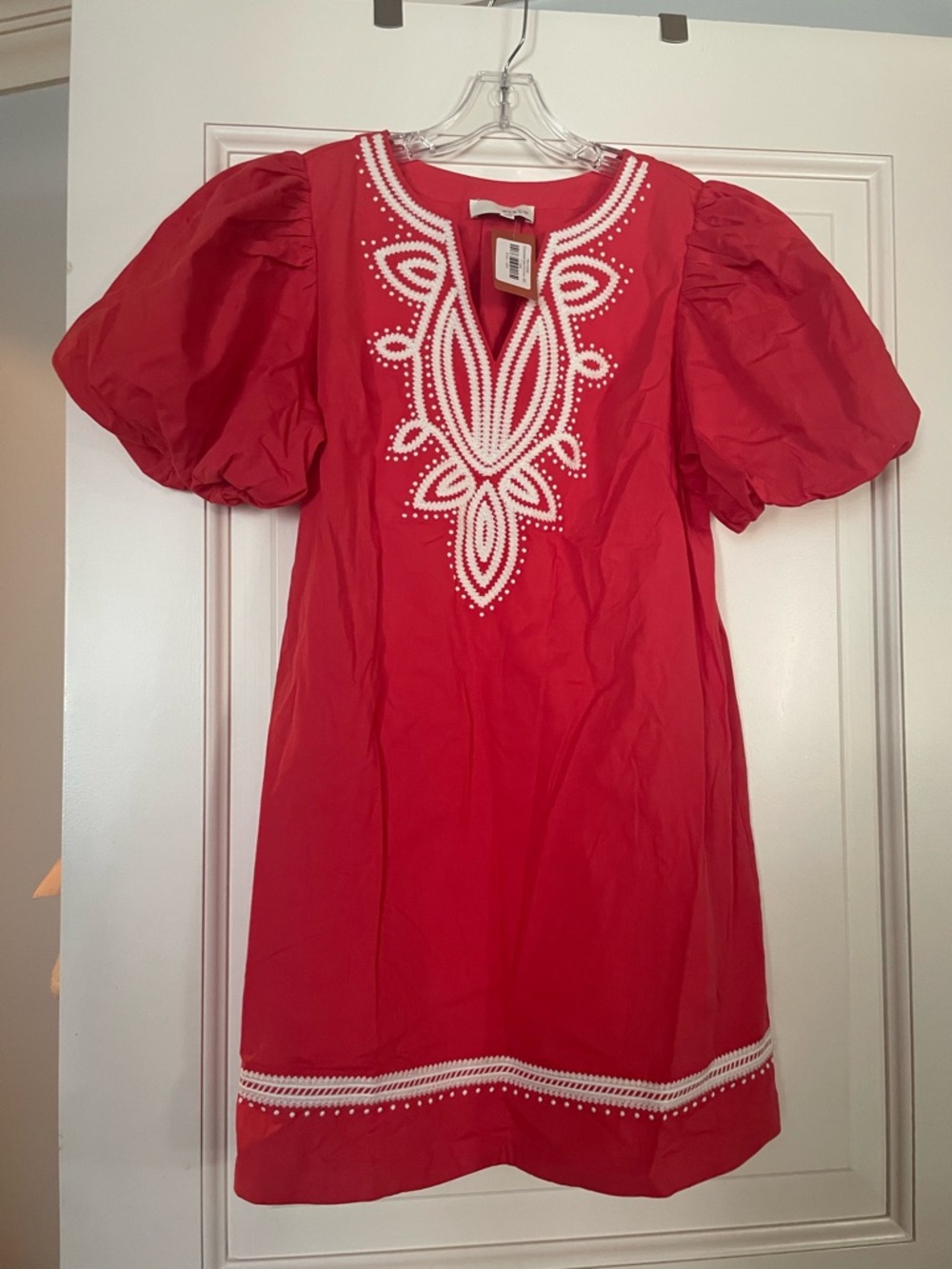 Red Embroidered Puff Sleeve Dress. Pinch. New with Tags. Large